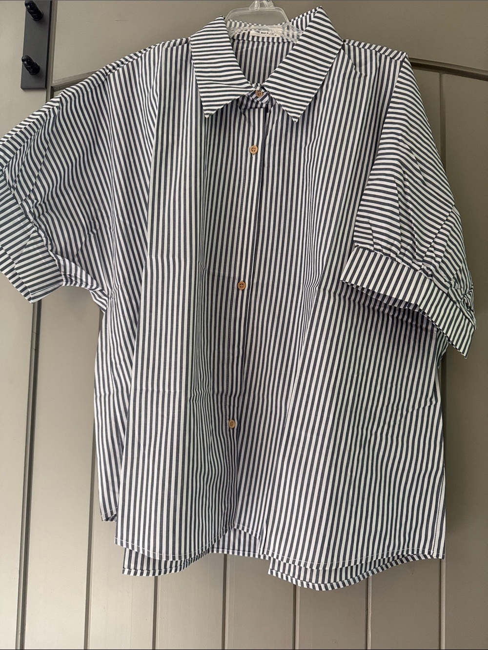 Womans Blue and White oversized Striped Short-Sleeve Button-Up Shirt